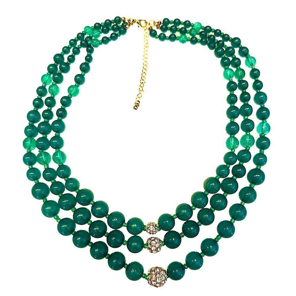 3 strand jade green glass bead crystal graduated necklace 18” + 3” extender